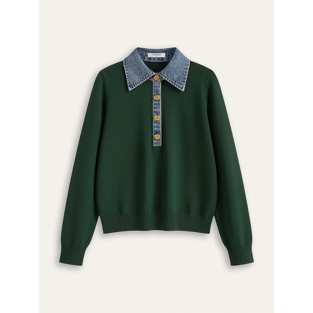 Commense Forest Green Long Sleeve Sweater with Denim Collar - Picture 2 of 4